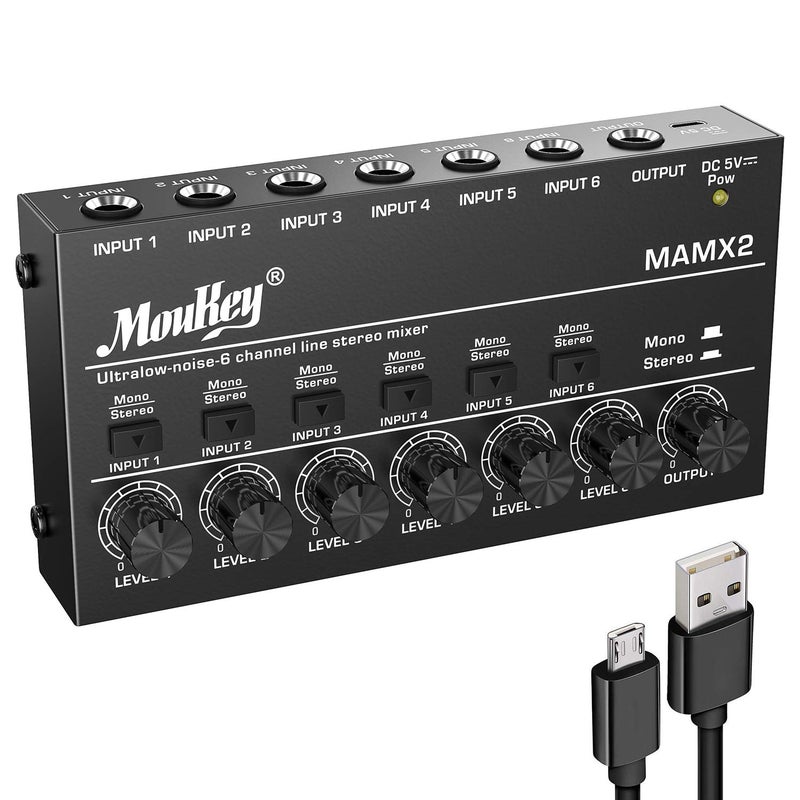 Moukey Audio Mixer, DC 5V, 6 Stereo Ultra, Low Noise 6 Channel Line Mixer for Sub-Mixing, for Small Clubs or Bars, As Guitars, Bass, Keyboards Mixer, MAMX2 - Image 1